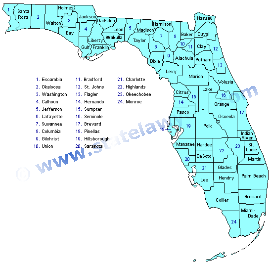 Florida County Outline Map.